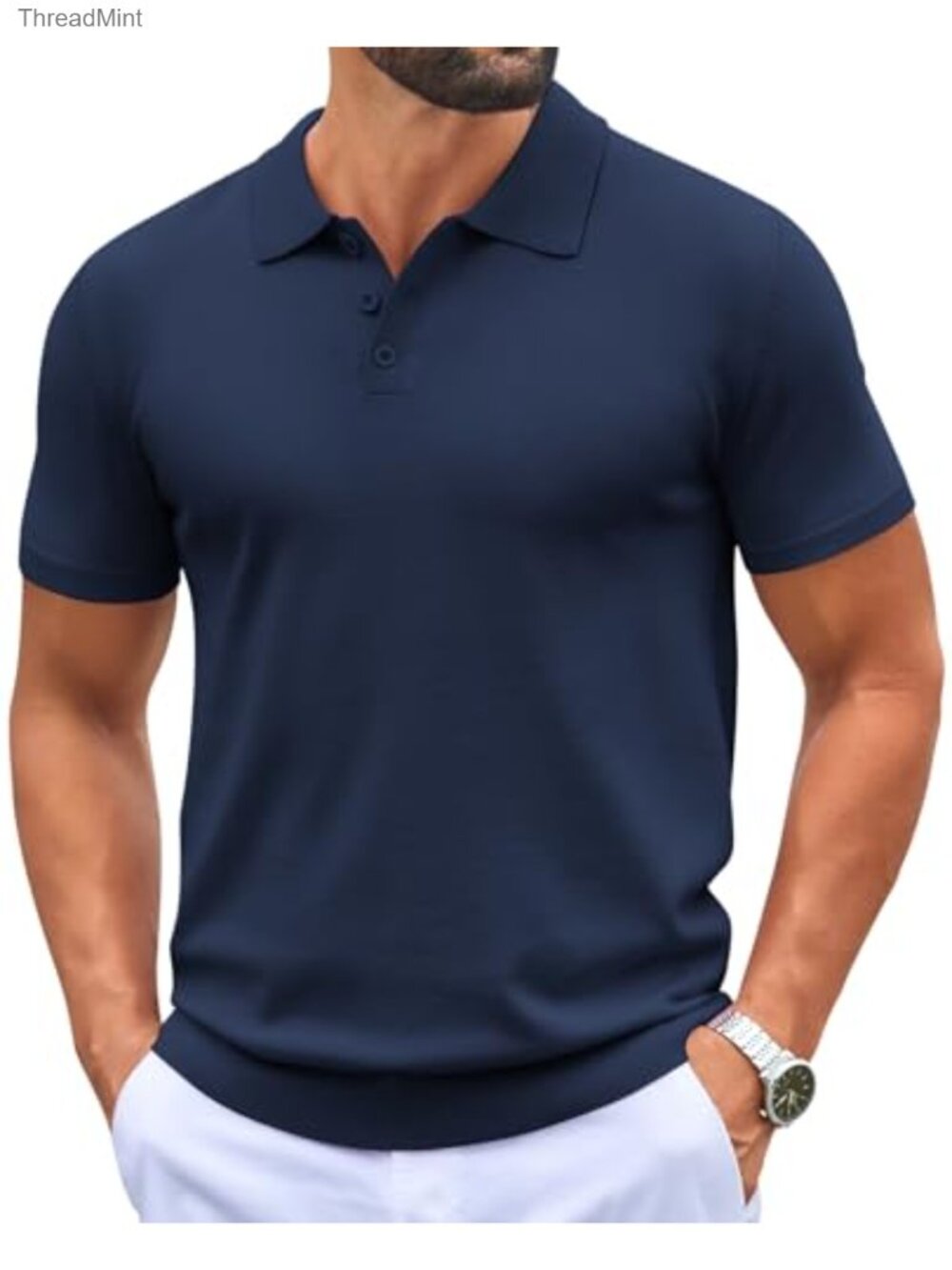 Men's Stretch Knit Polo Shirt Short Sleeve Button Down Casual Golf Top